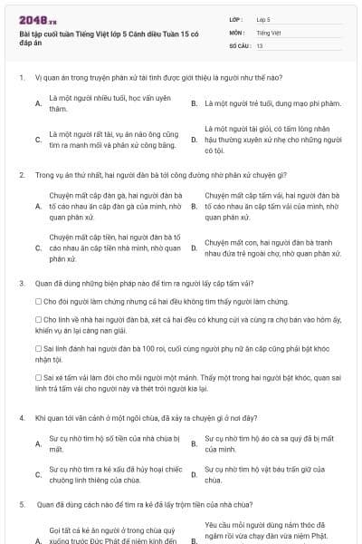 Bài tập cuối tuần Tiếng Việt lớp 5 Cánh diều Tuần 15 có đáp án