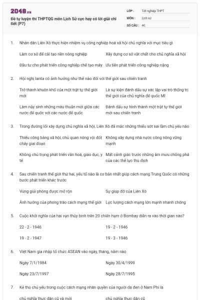 Đề tự luyện thi THPTQG môn Lịch Sử cực hay có lời giải chi tiết (P7)