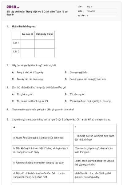 Bài tập cuối tuần Tiếng Việt lớp 5 Cánh diều Tuần 16 có đáp án