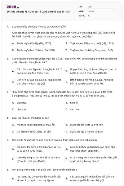 Bộ 3 đề thi giữa kì 1 Lịch sử 11 Cánh diều có đáp án - Đề 1