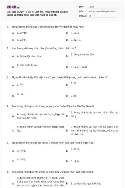 Giải SBT QDQP 10 Bài 1: Lịch sử , truyền thống của lực lượng vũ trang nhân dân Việt Nam có đáp án