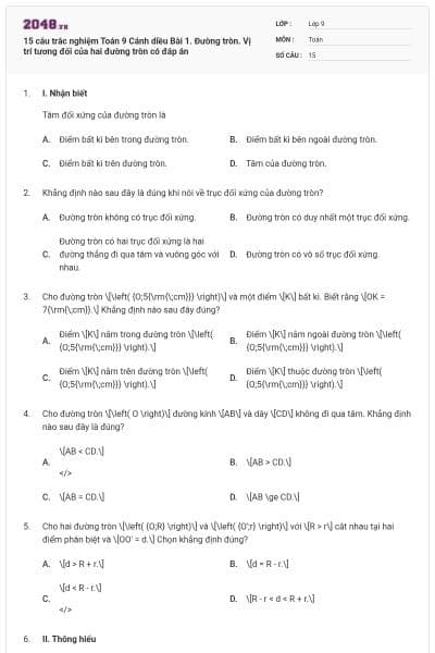 15 câu trắc nghiệm Toán 9 Cánh diều Bài 1. Đường tròn. Vị trí tương đối của hai đường tròn có đáp án