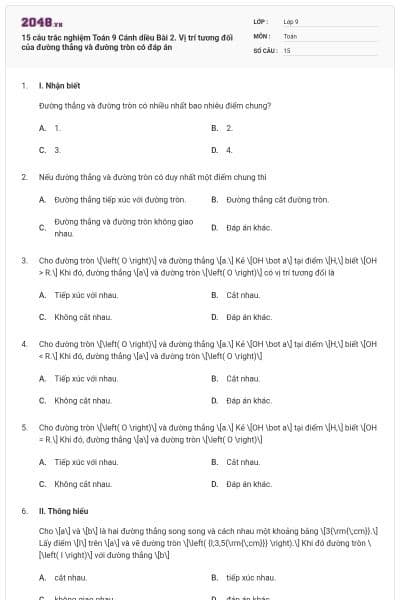 15 câu trắc nghiệm Toán 9 Cánh diều Bài 2. Vị trí tương đối của đường thẳng và đường tròn có đáp án