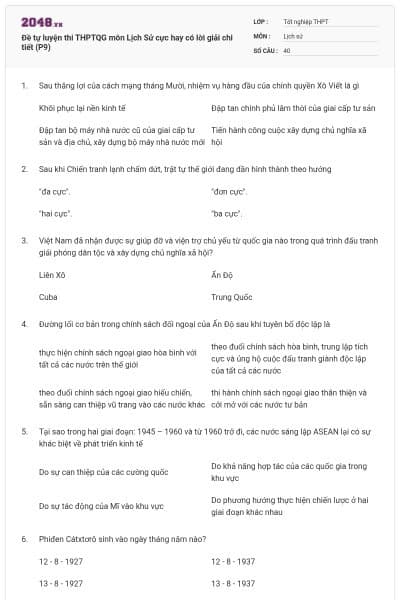 Đề tự luyện thi THPTQG môn Lịch Sử cực hay có lời giải chi tiết (P9)