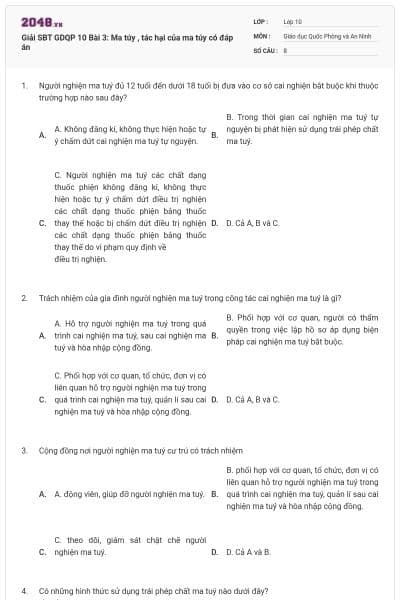 Giải SBT GDQP 10 Bài 3: Ma túy , tác hại của ma túy có đáp án