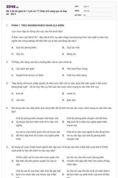 Bộ 3 đề thi giữa kì 1 Lịch sử 11 Chân trời sáng tạo có đáp án - Đề 2