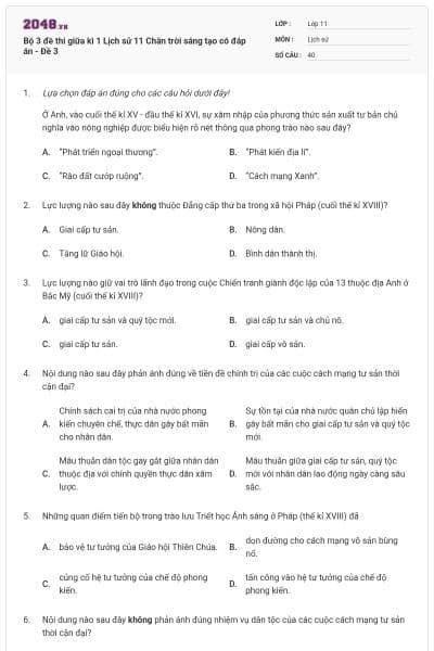 Bộ 3 đề thi giữa kì 1 Lịch sử 11 Chân trời sáng tạo có đáp án - Đề 3