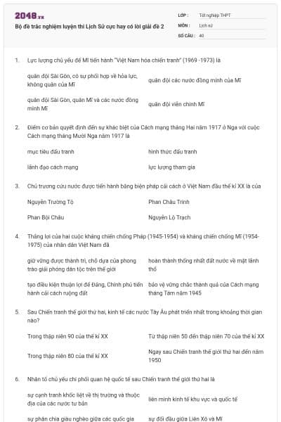 Bộ đề trắc nghiệm luyện thi Lịch Sử cực hay có lời giải đề 2