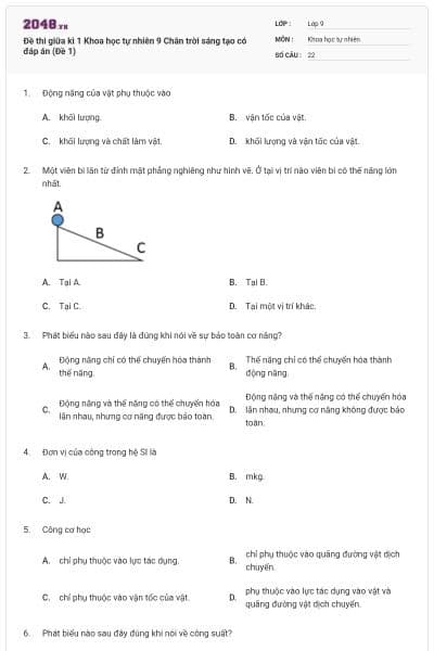 Đề thi giữa kì 1 Khoa học tự nhiên 9 Chân trời sáng tạo có đáp án (Đề 1)