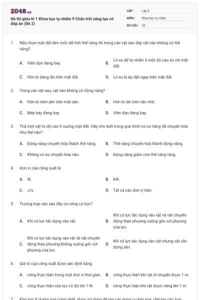 Đề thi giữa kì 1 Khoa học tự nhiên 9 Chân trời sáng tạo có đáp án (Đề 2)