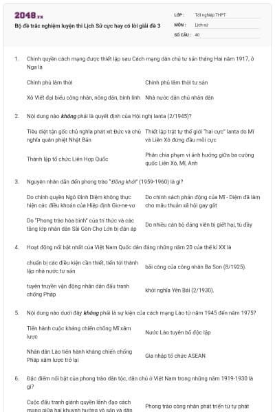 Bộ đề trắc nghiệm luyện thi Lịch Sử cực hay có lời giải đề 3