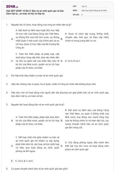 Giải SBT GDQP 10 Bài 5: Bảo vệ an ninh quốc gia và bảo đảm trật tự , an toàn xã hội có đáp án