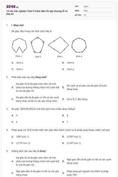 15 câu trắc nghiệm Toán 9 Cánh diều Ôn tập chương IX có đáp án