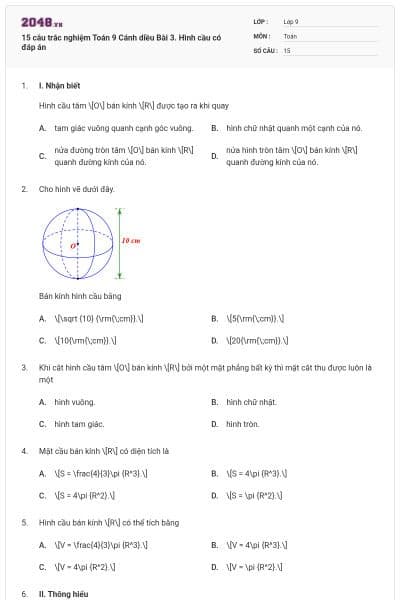 15 câu trắc nghiệm Toán 9 Cánh diều Bài 3. Hình cầu có đáp án