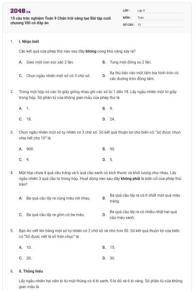 15 câu trắc nghiệm Toán 9 Chân trời sáng tạo Bài tập cuối chương VIII có đáp án