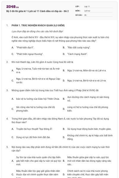Bộ 3 đề thi giữa kì 1 Lịch sử 11 Cánh diều có đáp án - Đề 2