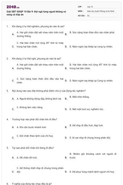 Giải SBT GDQP 10 Bài 9: Đội ngũ từng người không có súng có đáp án