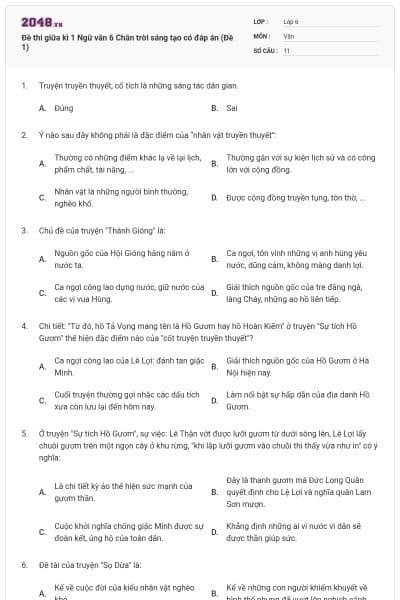 Đề thi giữa kì 1 Ngữ văn 6 Chân trời sáng tạo có đáp án (Đề 1)