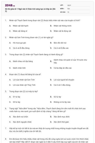 Đề thi giữa kì 1 Ngữ văn 6 Chân trời sáng tạo có đáp án (Đề 3)