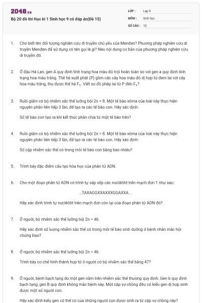 Bộ 20 đề thi Học kì 1 Sinh học 9 có đáp án(Đề 15)