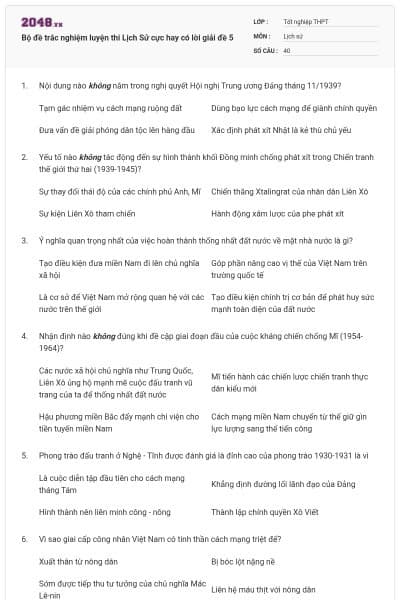 Bộ đề trắc nghiệm luyện thi Lịch Sử cực hay có lời giải đề 5