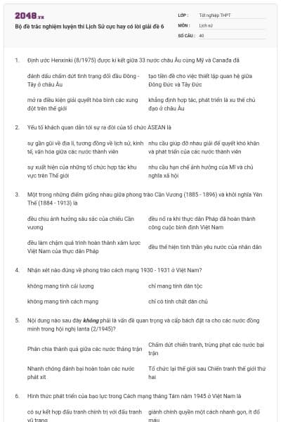Bộ đề trắc nghiệm luyện thi Lịch Sử cực hay có lời giải đề 6