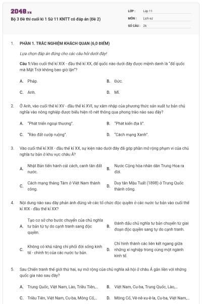 Bộ 3 Đề thi cuối kì 1 Sử 11 KNTT có đáp án (Đề 2)
