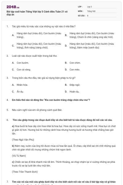 Bài tập cuối tuần Tiếng Việt lớp 5 Cánh diều Tuần 21 có đáp án