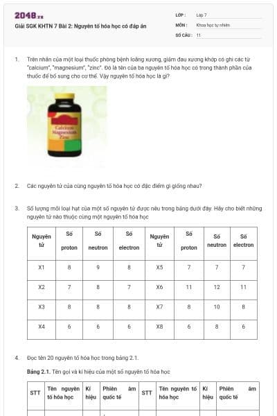Giải SGK KHTN 7 Bài 2: Nguyên tố hóa học có đáp án