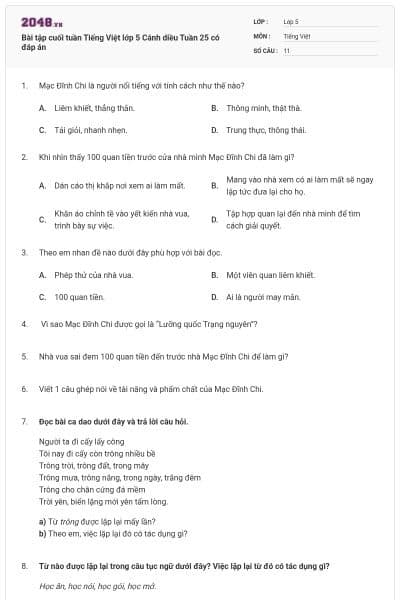 Bài tập cuối tuần Tiếng Việt lớp 5 Cánh diều Tuần 25 có đáp án