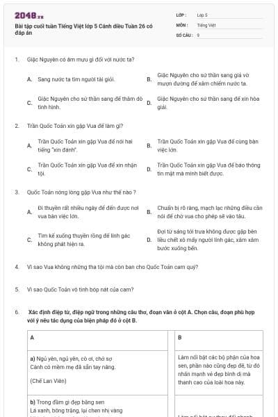 Bài tập cuối tuần Tiếng Việt lớp 5 Cánh diều Tuần 26 có đáp án