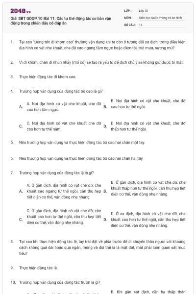 Giải SBT GDQP 10 Bài 11: Các tư thế động tác cơ bản vận động trong chiến đấu có đáp án