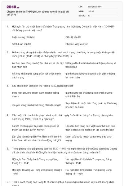 Chuyên đề ôn thi THPTQG Lịch sử cực hay có lời giải chi tiết (P7)
