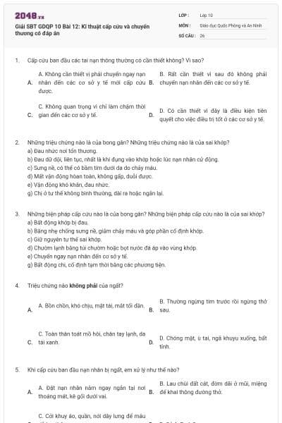 Giải SBT GDQP 10 Bài 12: Kĩ thuật cấp cứu và chuyển thương có đáp án