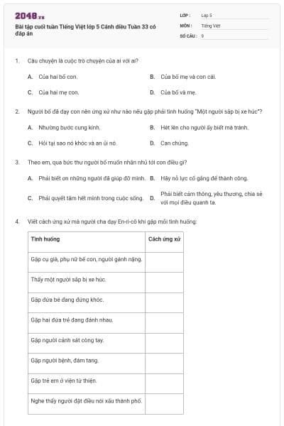 Bài tập cuối tuần Tiếng Việt lớp 5 Cánh diều Tuần 33 có đáp án