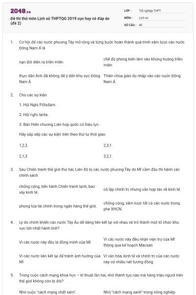 Đề thi thử môn Lịch sử THPTQG 2019 cực hay có đáp án (đề 2)