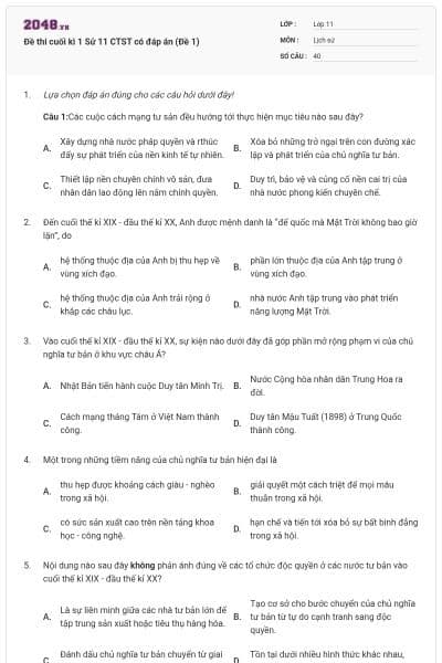 Đề thi cuối kì 1 Sử 11 CTST có đáp án (Đề 1)