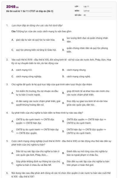 Đề thi cuối kì 1 Sử 11 CTST có đáp án (Đề 3)