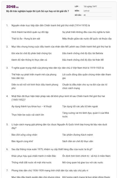 Bộ đề trắc nghiệm luyện thi Lịch Sử cực hay có lời giải đề 7