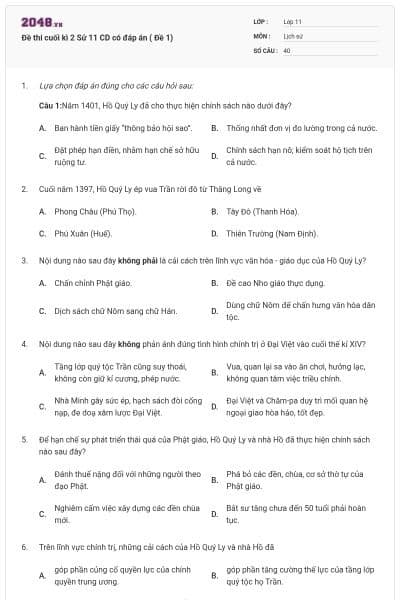 Đề thi cuối kì 2 Sử 11 CD có đáp án ( Đề 1)