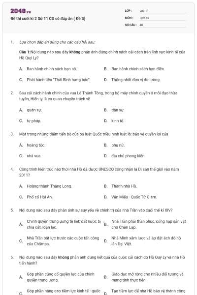 Đề thi cuối kì 2 Sử 11 CD có đáp án ( Đề 3)