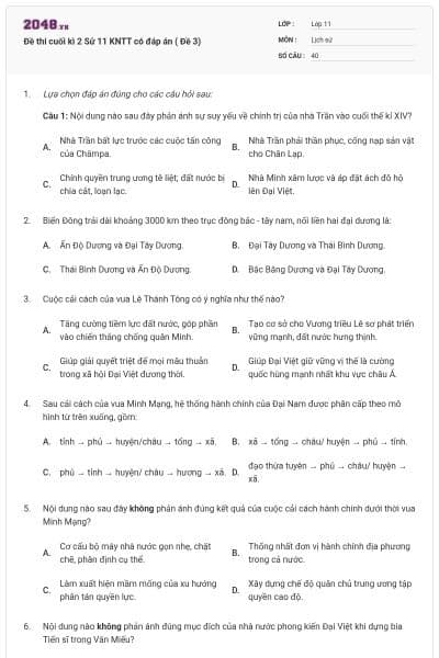 Đề thi cuối kì 2 Sử 11 KNTT có đáp án ( Đề 3)