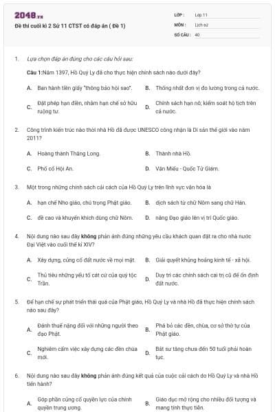 Đề thi cuối kì 2 Sử 11 CTST có đáp án ( Đề 1)