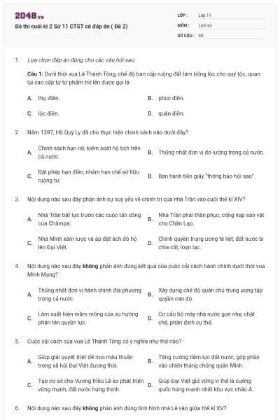 Đề thi cuối kì 2 Sử 11 CTST có đáp án ( Đề 2)