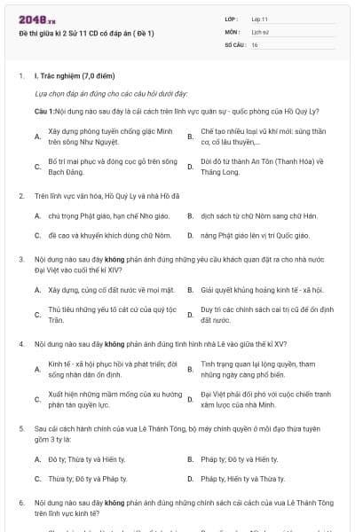 Đề thi giữa kì 2 Sử 11 CD có đáp án ( Đề 1)