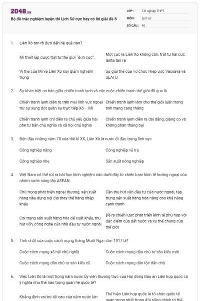 Bộ đề trắc nghiệm luyện thi Lịch Sử cực hay có lời giải đề 8