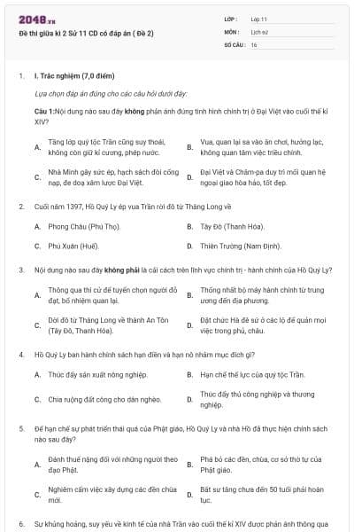 Đề thi giữa kì 2 Sử 11 CD có đáp án ( Đề 2)