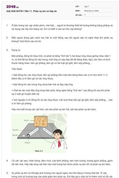 Giải SGK KHTN 7 Bài 11. Phản xạ âm có đáp án