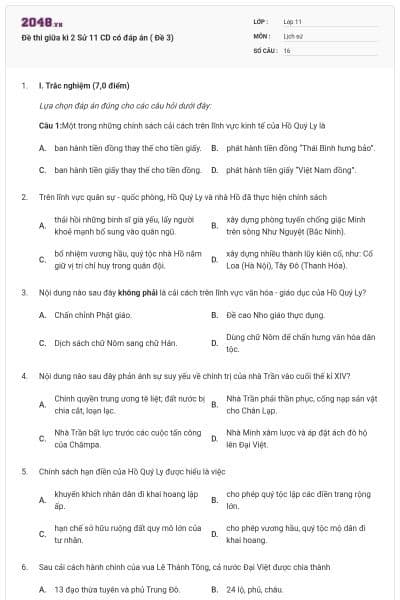 Đề thi giữa kì 2 Sử 11 CD có đáp án ( Đề 3)