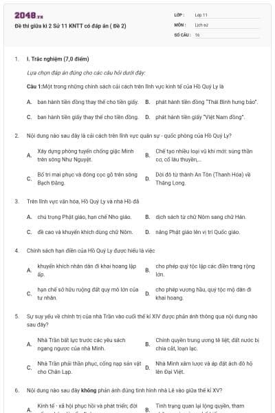 Đề thi giữa kì 2 Sử 11 KNTT có đáp án ( Đề 2)